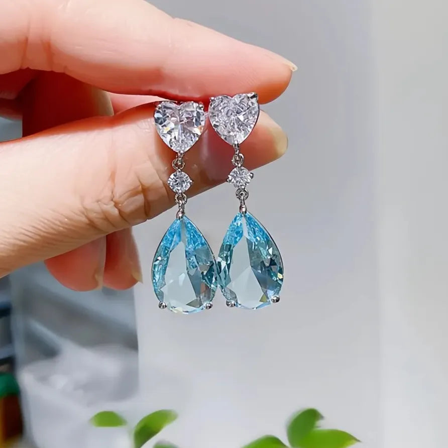 Elegant Blue Green Geometric Drop Earrings with Pear Cubic Zirconia