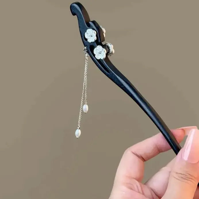 Wooden Chinese Style Flower Tassel Hair Stick with Pearl Pendant Hairpin