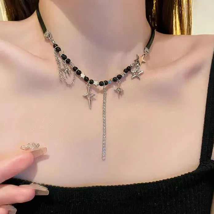 2026 Star Rhinestone Tassel Leather Choker Necklace Black Beads Y2K
