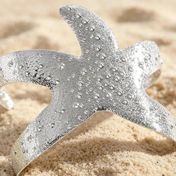 Bohemia Metal Large Starfish Hammer Texture Adjustable Bangle Bracelet Women