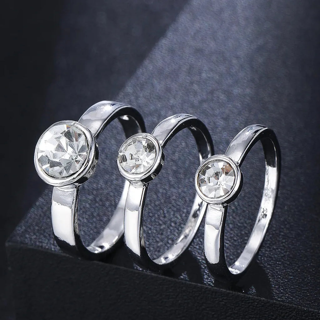 3-Piece Zinc Alloy Crystal Ring Set Boho Engagement Gift for Women Daily Wear