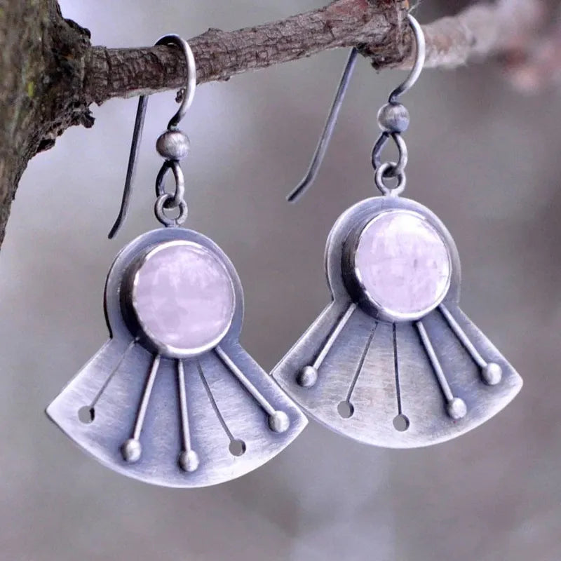 Vintage Zinc Alloy Carved Flower Fan-Shaped Earrings with Pink Gemstone Pendant for Women
