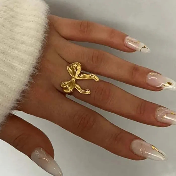 Adjustable Gold Color Stainless Steel Bowknot Ribbon Ring for Women Jewelry Gift