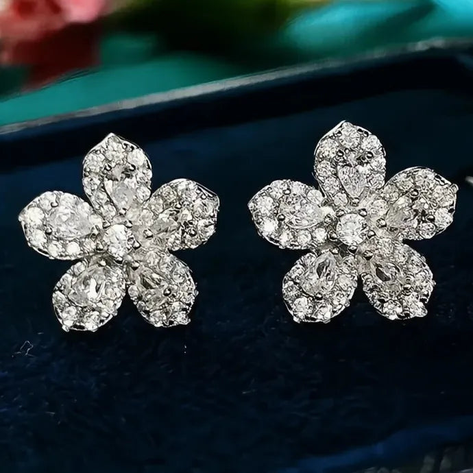 Silver Cubic Zirconia Geometric Flower Earrings for Women Birthday Gift
