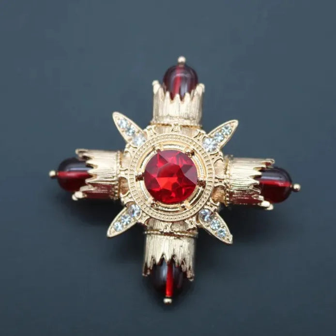 Retro Vintage Red Emerald Cross Brooch Pin Jewelry for Women
