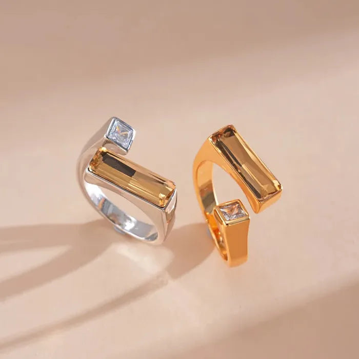 Adjustable Luxury Gold Zircon Geometric Square Ring for Women Party Jewelry Gift