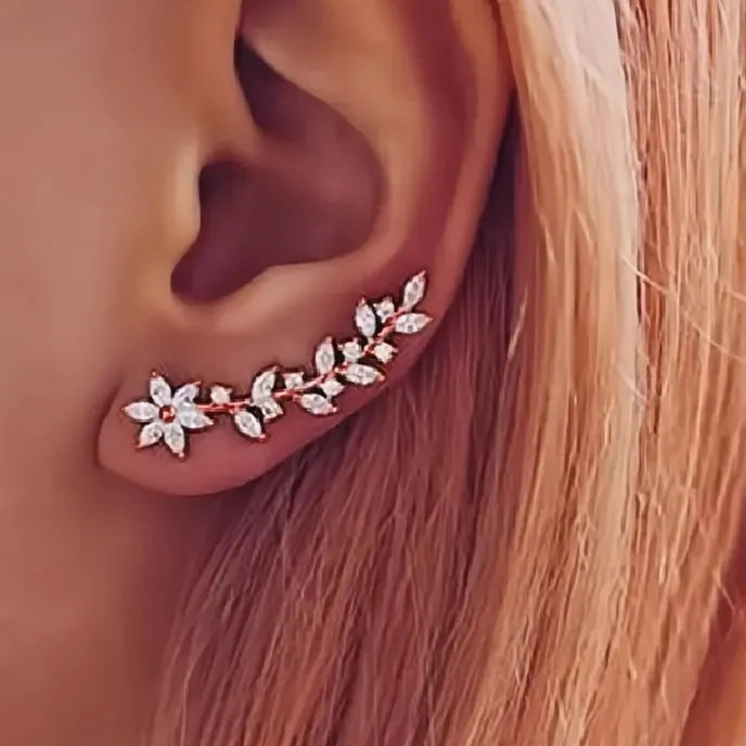 Aesthetic Flower Cubic Zirconia Geometric Stud Climb Earrings for Women Copper Alloy Jewelry