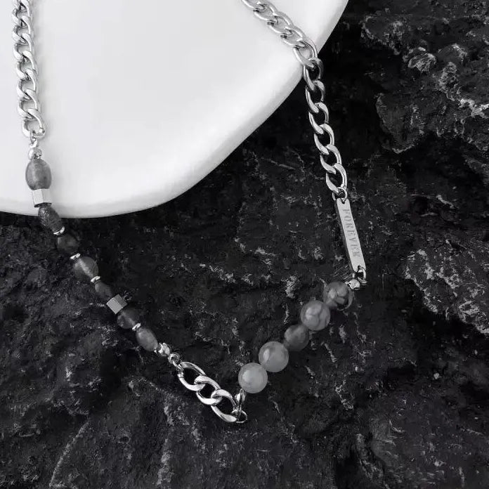 Stainless Steel Gray Glass Beaded Choker Necklace for Men Women Hiphop Jewelry Gift