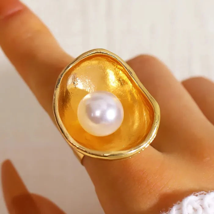 Pearl Geometric Layered Trumpet Flower Rings Set for Women Fashion Jewelry