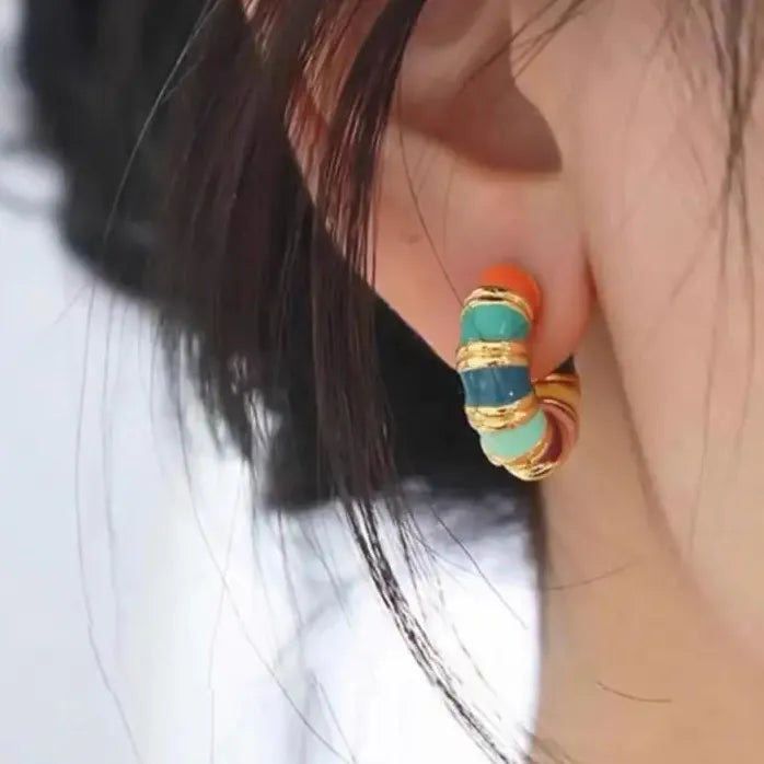 French Retro Enamel Gold Hoop Earrings 2025 Geometric Drop Jewelry Women