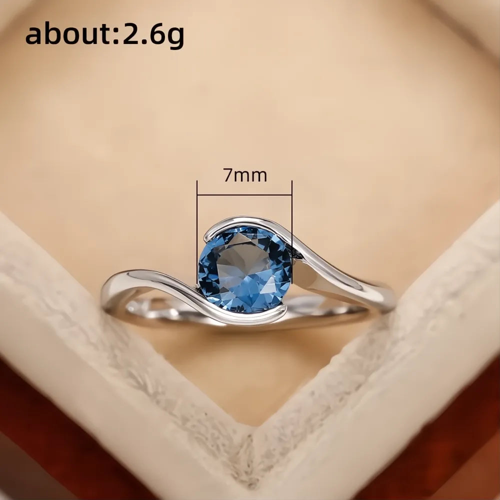 Luxury Solitaire Band Women's Ring with Blue Cubic Zirconia Bridal Wedding Jewelry 2022 Trendy