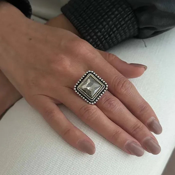 Adjustable Large Vintage Zircon Square Punk Geometric Cocktail Ring