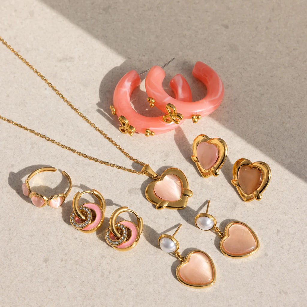 Pink Opal Love Heart Drop Earrings 18K Gold Plated Double Circle Hoops Bridal Jewelry