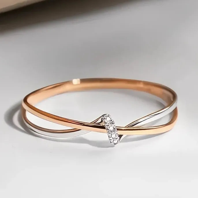 Two Tone Brass Geometric Wedding Band with Cubic Zirconia for Women