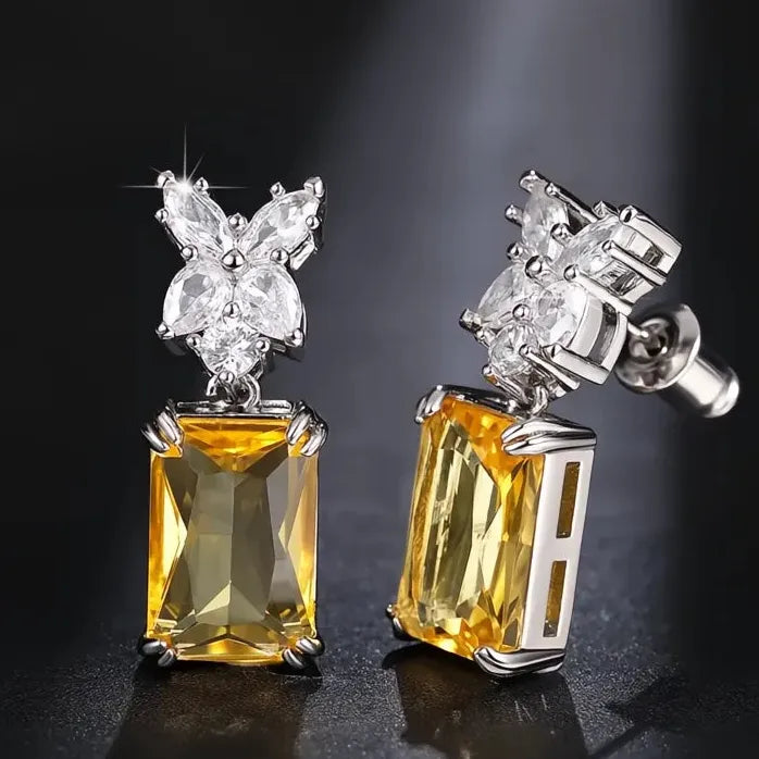 Elegant Square Cubic Zirconia CZ Dangle Earrings Yellow Gold Copper Alloy