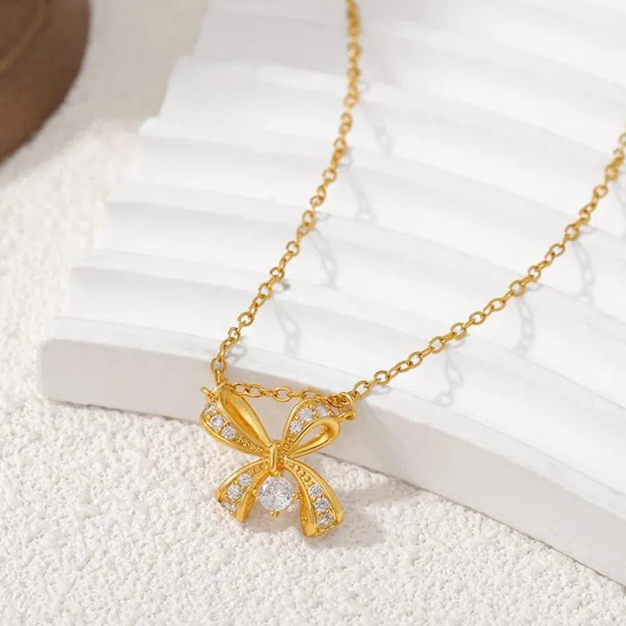 18K Gold Plated Butterfly Bowknot Pendant Necklace Women CZ Zircon Choker Jewelry