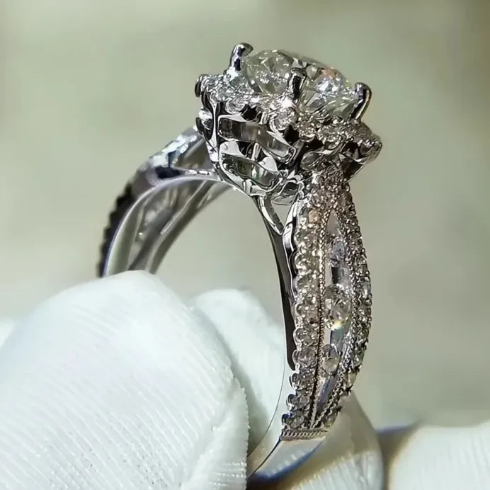 Aesthetic Flower Cubic Zirconia Silver Wedding Band Engagement Ring Women
