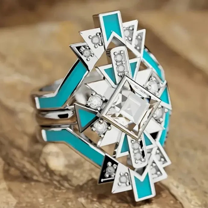 Luxury Bohemian Women's 3-Piece Blue Epoxy Resin Ring Zinc Alloy Jewelry