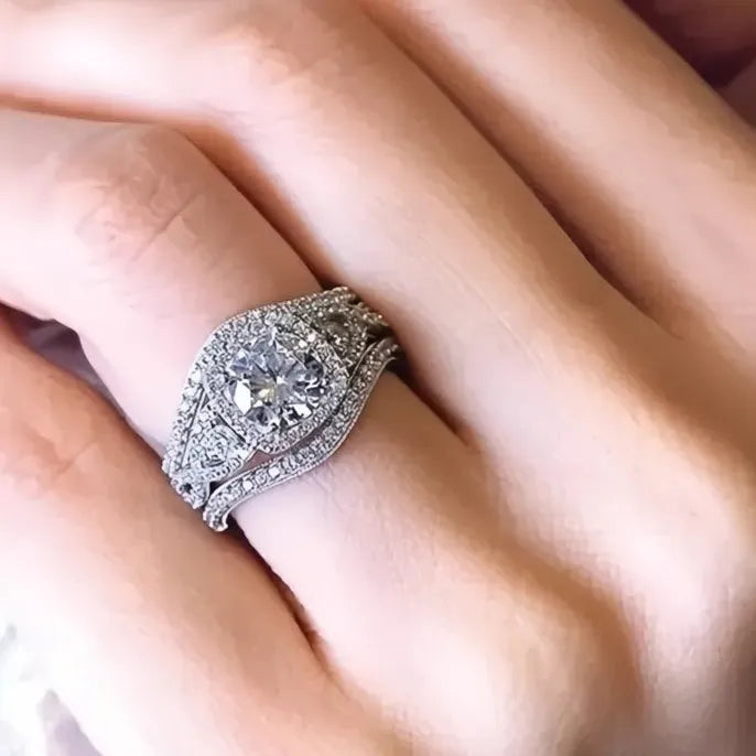 Women’s 3-Piece Cubic Zirconia Bridal Wedding Ring Set in Brass