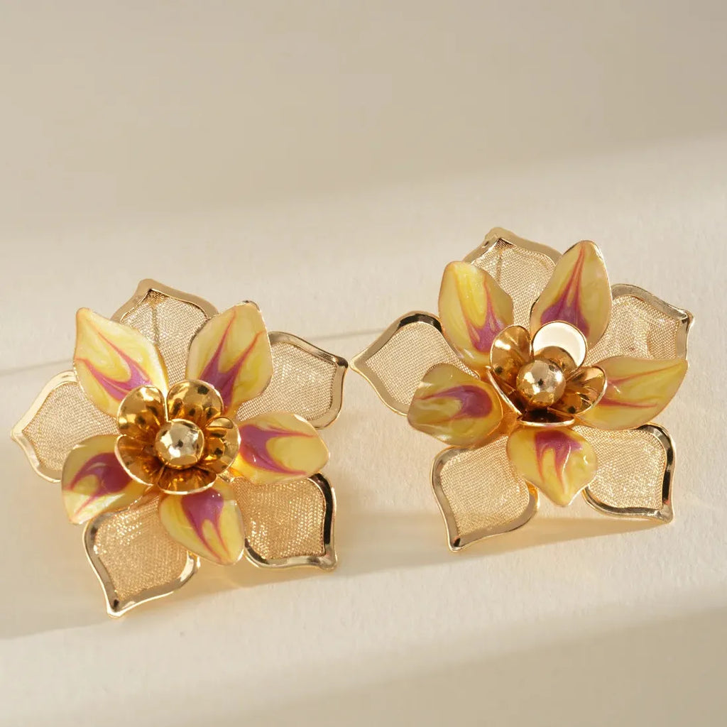 Vintage Drop Oil Flower Plant Motif Steel Needle Earrings for Women