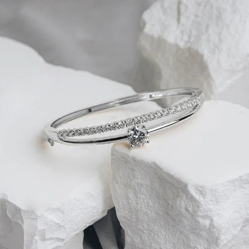 Geometric Double Line Bangle Bracelet with Cubic Zirconia for Women