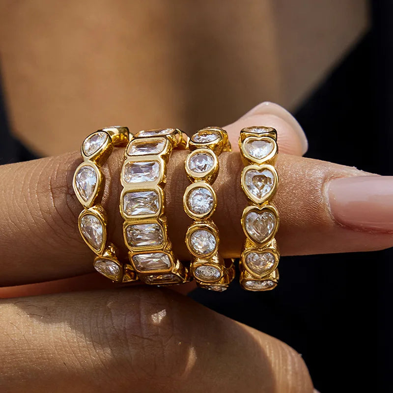 18K Gold Plated Stainless Steel Green Zircon Water Drop Ring for Women