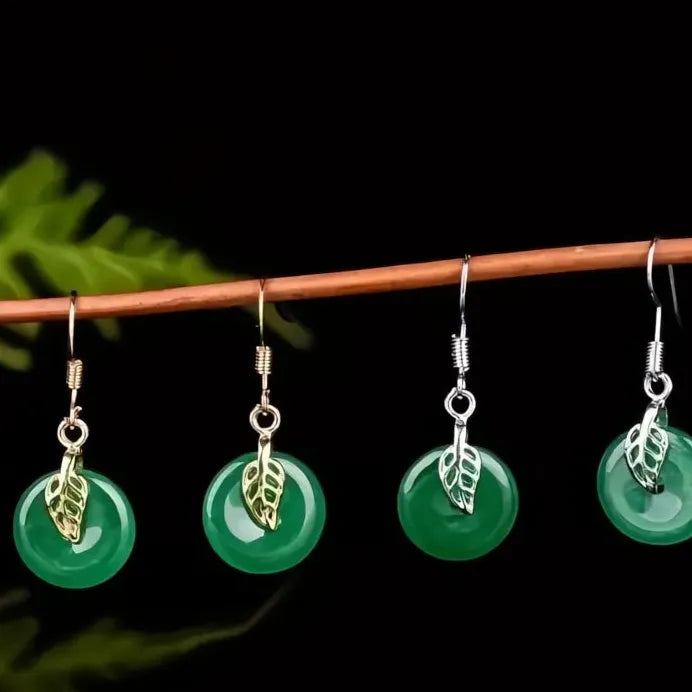 Green Stone Leaf Drop Earrings with Safety Buckle Elegant Gift for Women