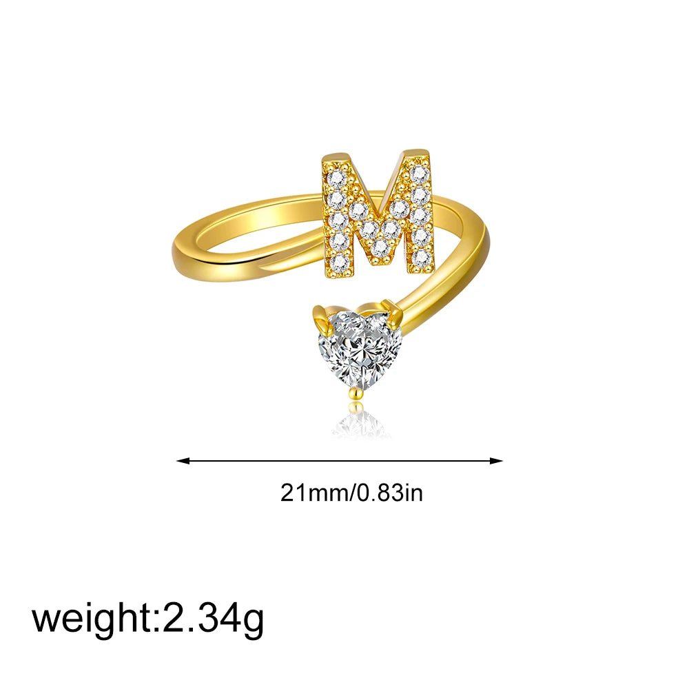 Polished Gold Plated Copper A-Z Letter Initial Ring with Zircon Heart Wedding Jewelry