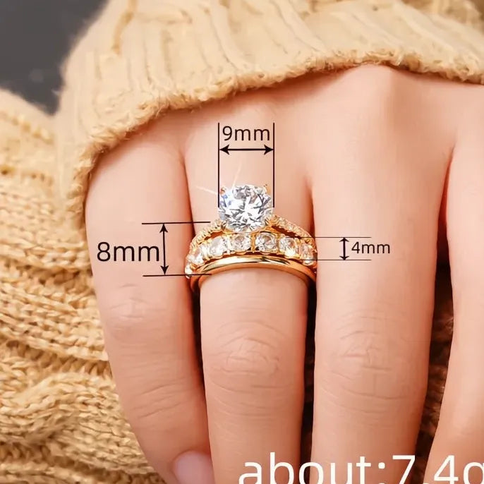 Charming Women’s 3-Piece Brass CZ Ring Set for Wedding Engagement Jewelry
