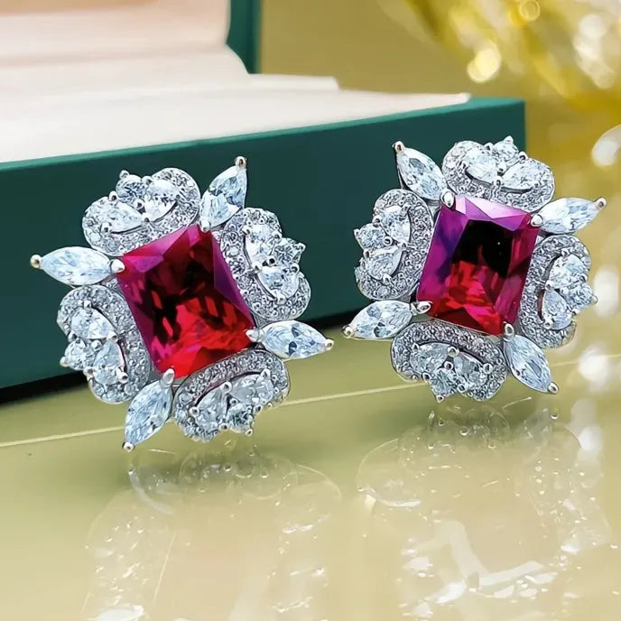 Copper Alloy Red Green Cubic Zirconia Geometric Stud Earrings for Women Wedding Jewelry