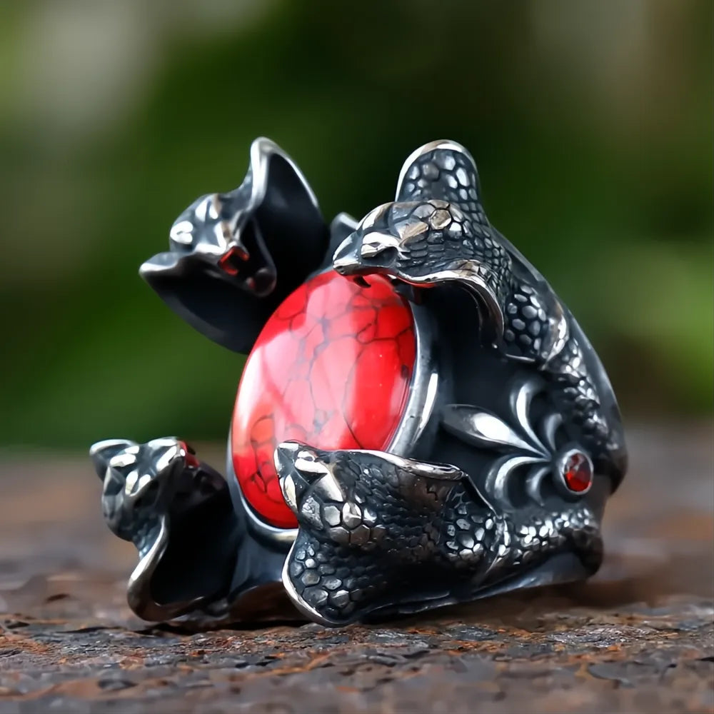 Four Snake Heads Ring 316L Stainless Steel – Red Zircon Punk Biker Ring