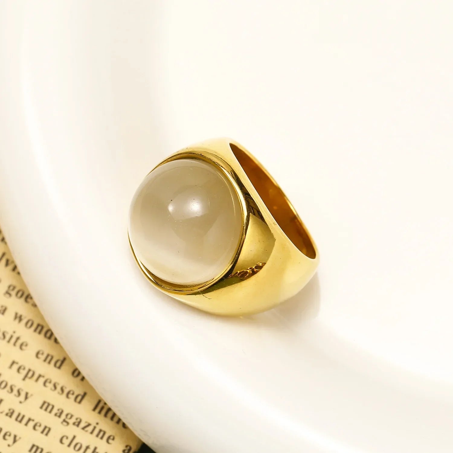 18K Gold Plated Stainless Steel Opal Ring Chunky Geometric Wedding Band Hypoallergenic