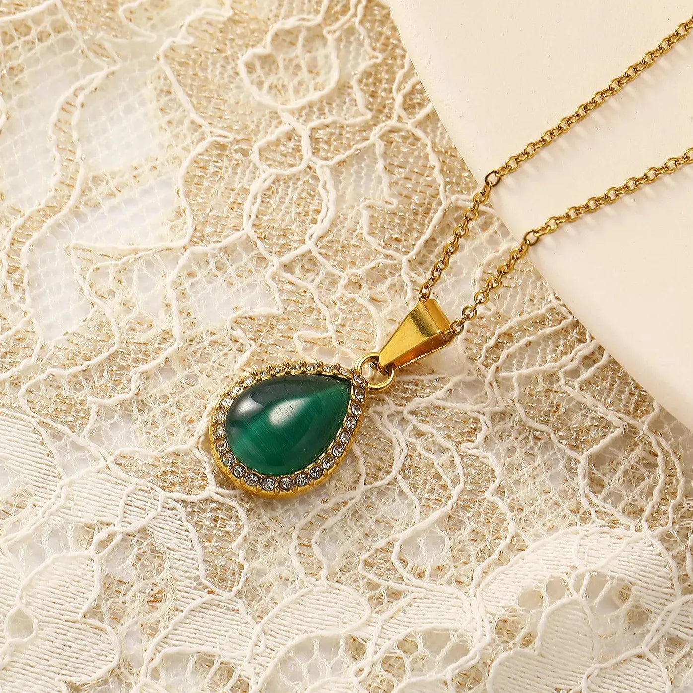 18k Gold Plated Stainless Steel Water Droplet Cat Eye Pendant Necklace Choker Women
