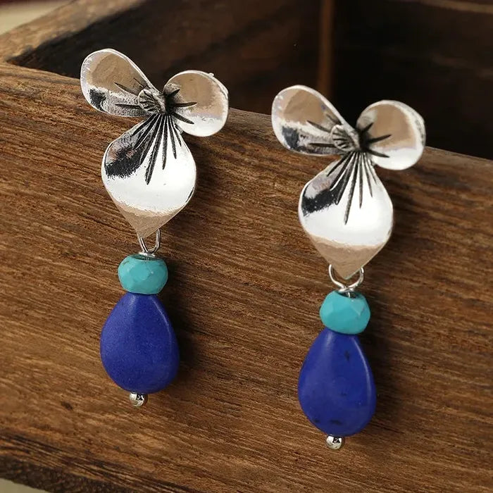 Retro Water Drop Artificial Stone Pendant Earrings Zinc Alloy Flower Leaf Gift
