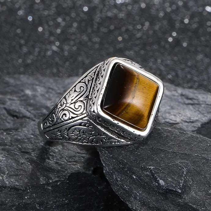 Vintage Men's Handmade Silver Signet Ring Mystic Zircon Opal Inlay Punk Biker Ring