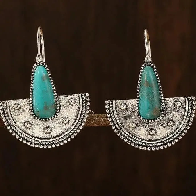 Vintage Bohemian Turquoise Stone Earrings Ethnic Fan Pendant Earhooks Gift