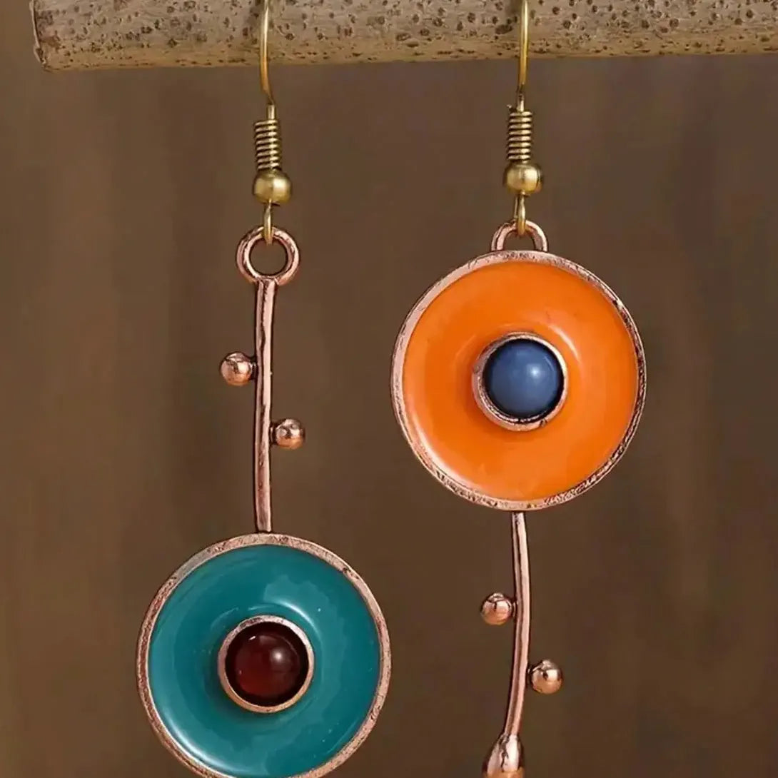 Bronze Metal Drop Earrings with Orange Blue Stone for Women Ethnic Jewelry