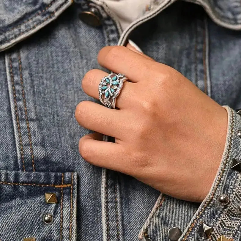 Silver Vintage Copper Ring Floral Pattern Inlaid Imitation Turquoise Women Gift