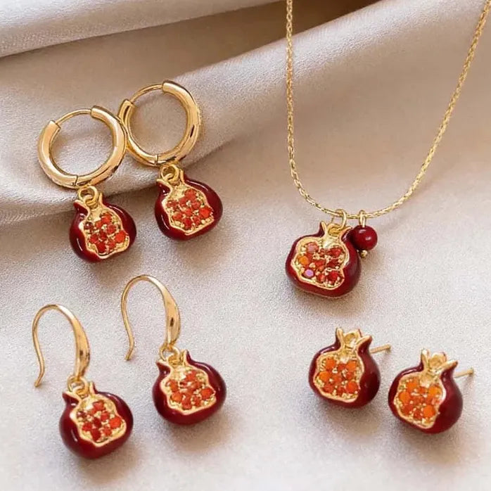 Vintage Red Pomegranate Gold C-Shape Hoop Earrings Necklace for Women Gift