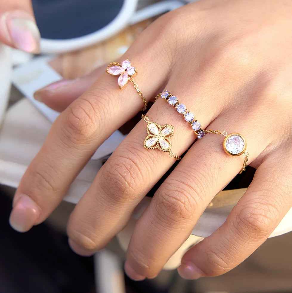 18k Gold Plated Stainless Steel Butterfly CZ Adjustable Geometric Ring for Women