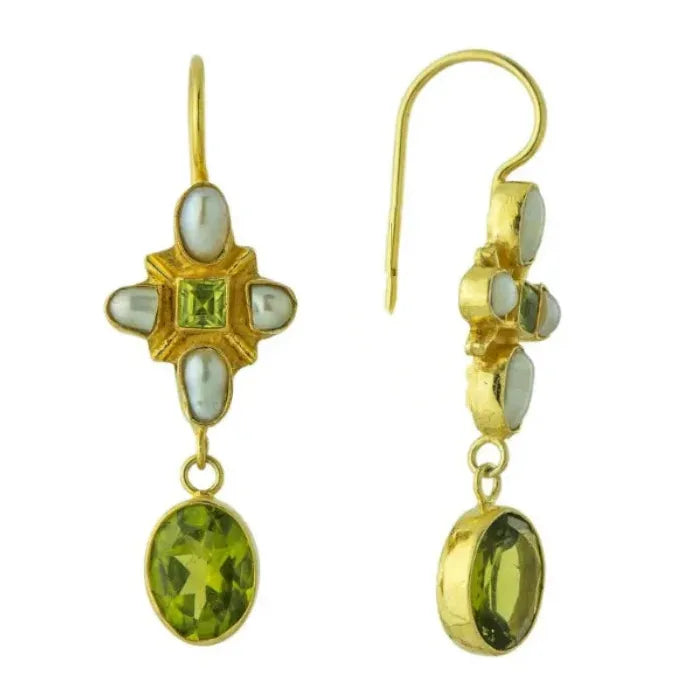 Geometric Green Stone Inlay Pearl Dangle Earrings for Women Party Jewelry