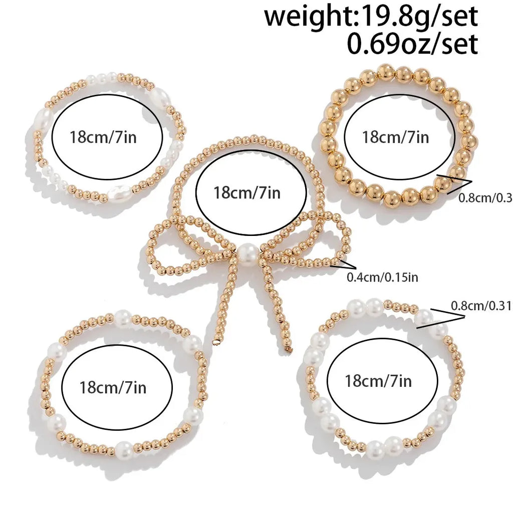5Pcs Gold Beaded Bracelet Set Bowknot Bangle for Women Jewelry Gift
