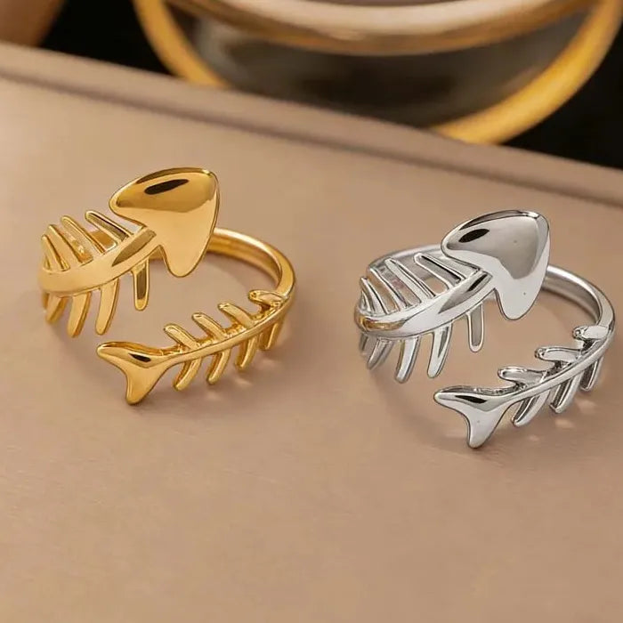Adjustable Stainless Steel Fish Bone Open Ring for Women Gold Tone Jewelry Symbolic Gift