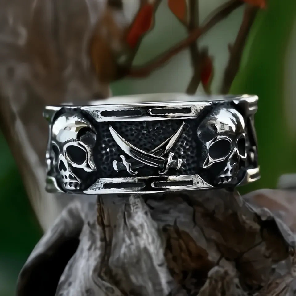 316L Stainless Steel Punk Vintage Skull Pirate Double Knife Ring Unisex Biker Jewelry Gift