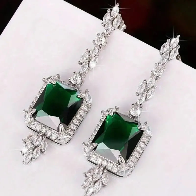 Green Imitation Crystal Flower Pendant Earrings with Metal Leaf Copper Gift