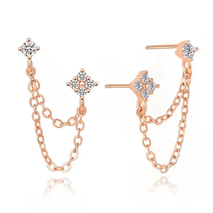 Copper Alloy Cubic Zirconia Double Piercing Tassel Drop Earrings for Women Stylish Geometric Design