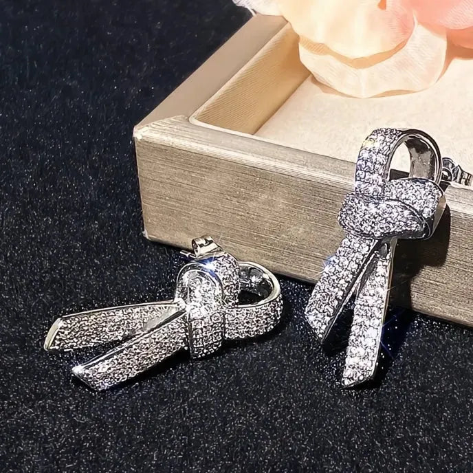 Bow Shaped Stud Earrings for Women Silver Color Sparkling Cubic Zirconia Fashion Jewelry