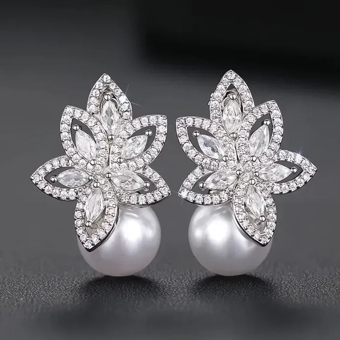Elegant Pearl & Cubic Zirconia Geometric Flower Drop Earrings for Weddings