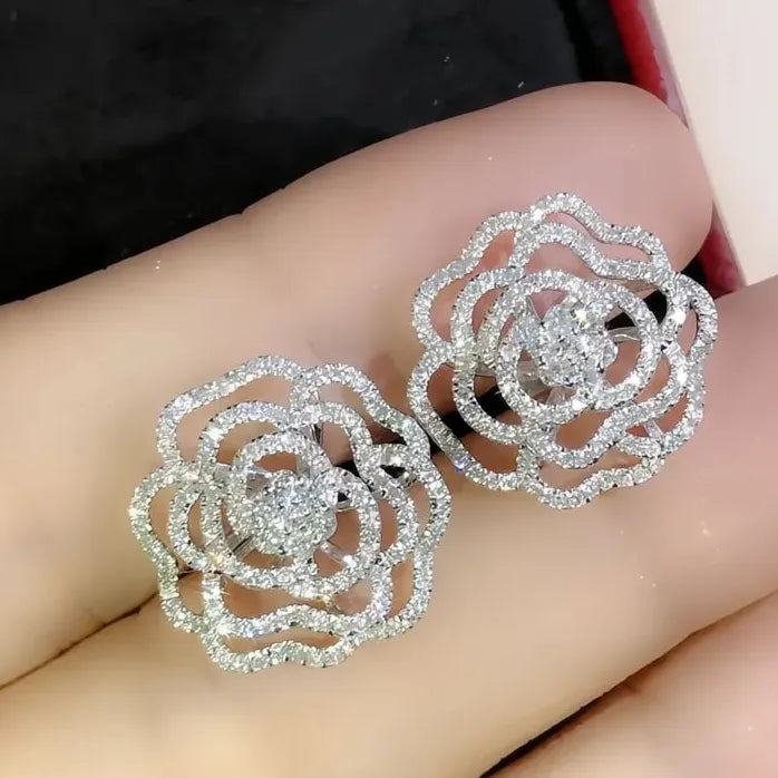 Aesthetic Hollow Flower CZ Copper Alloy Stud Earrings for Women