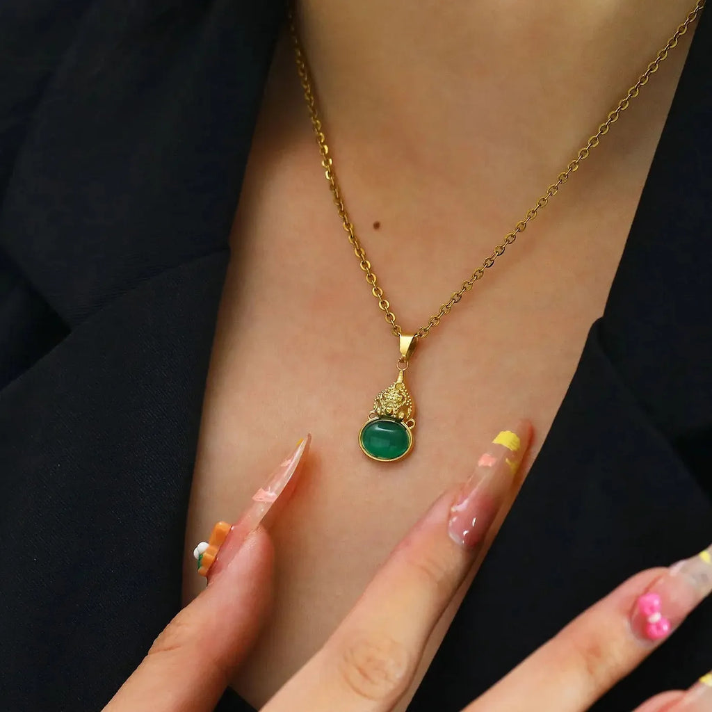2026 Green Glass Lucky Gourd Pendant Necklace Stainless Steel Opal Choker Jewelry